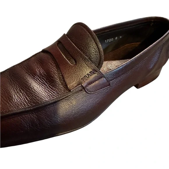 Prada Mens Classic Brown Leather Slip On Shoes
